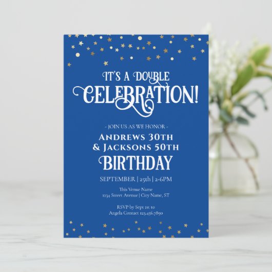 Blue Double Birthday Party Star Confetti Einladung (Stehend Vorderseite)