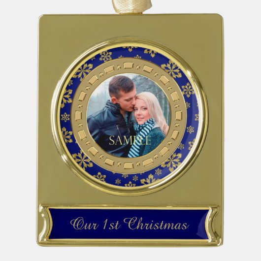 Blue Double Frame Snowflake Erste Weihnachten Banner-Ornament Gold (Vorderseite)