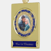 Blue Double Frame Snowflake Erste Weihnachten Banner-Ornament Gold (Links)