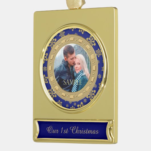 Blue Double Frame Snowflake Erste Weihnachten Banner-Ornament Gold (Links)