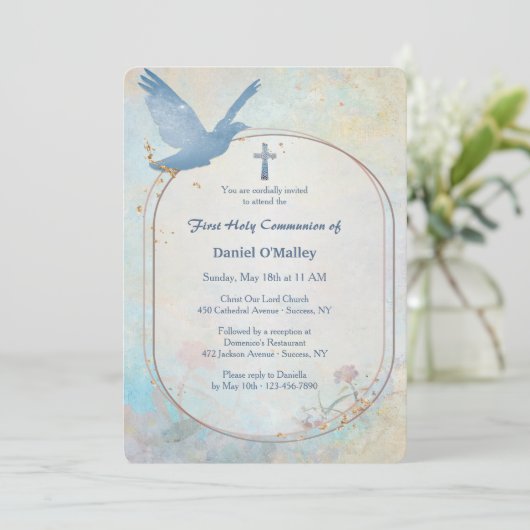 Blue Dove Religious Einladung (Stehend Vorderseite)