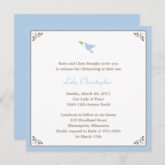 Blue Dove Taufe/Christening Einladung (Vorne/Hinten)