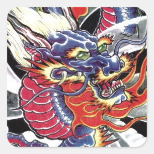 Blue Dragon Japanisches Tattoo-Design Quadratischer Aufkleber