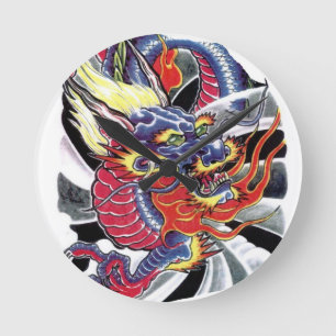 Blue Dragon Japanisches Tattoo-Design Runde Wanduhr