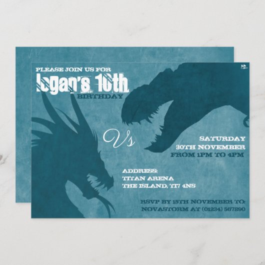 Blue Dragon VS T-Rex Silhouette Einladungen (Vorne/Hinten)