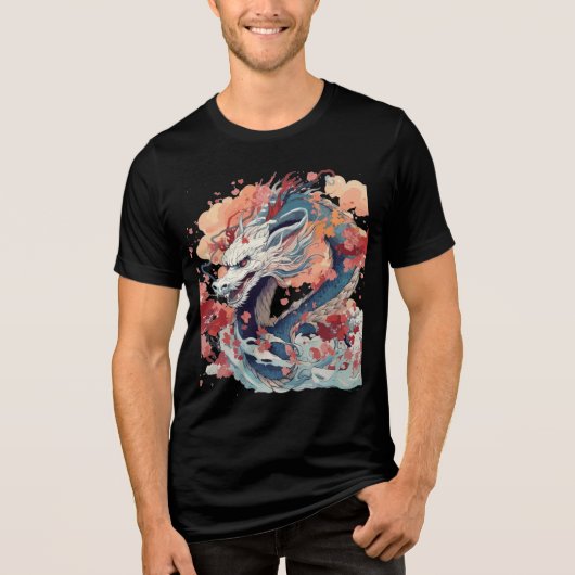 Blue Dragon with Blossoms and Clouds Tri-Blend Shirt (Vorderseite)