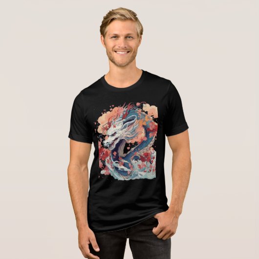 Blue Dragon with Blossoms and Clouds Tri-Blend Shirt (Vorderseite voll)