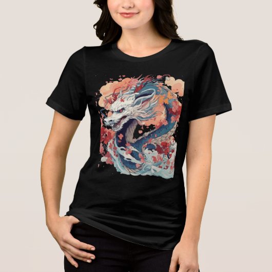 Blue Dragon with Blossoms and Clouds Tri-Blend Shirt (Vorderseite)
