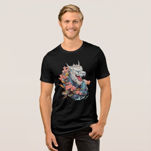 Blue Dragon with Cherry Blossoms Art Tri-Blend Shirt (Vorderseite voll)