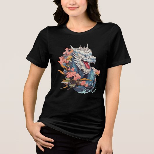 Blue Dragon with Cherry Blossoms Art Tri-Blend Shirt (Vorderseite)