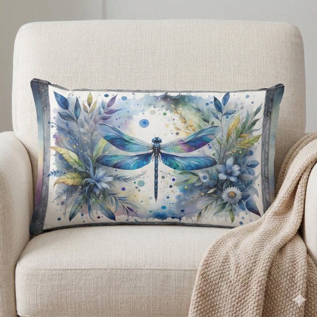 Blue Dragonfly Botanical Watercolor Lendenkissen (Blue Dragonfly Botanical Watercolor Lumbar Pillow Mockup A)