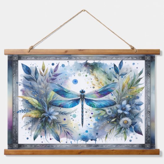 Blue Dragonfly Botanical Watercolor Wandteppich Mit Holzrahmen (Vorne)