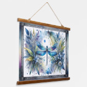 Blue Dragonfly Botanical Watercolor Wandteppich Mit Holzrahmen (Gewinkelt)
