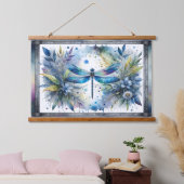 Blue Dragonfly Botanical Watercolor Wandteppich Mit Holzrahmen (Schlafzimmer)