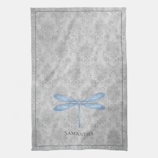 Blue Dragonfly Damask Geschirrtuch (Vertikal)