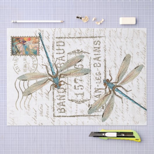 Blue Dragonfly Französisches Script Postmark Decou Seidenpapier (Handwerk)
