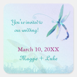 Blue Dragonfly Ombre Wedding Save the Date Quadratischer Aufkleber