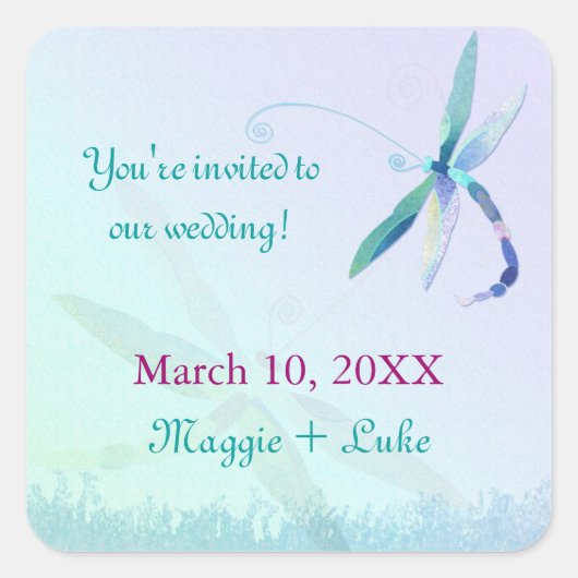 Blue Dragonfly Ombre Wedding Save the Date Quadratischer Aufkleber (Vorderseite)