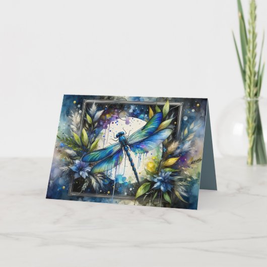 Blue Dragonfly Watercolor Botanical Karte (Vorderseite)