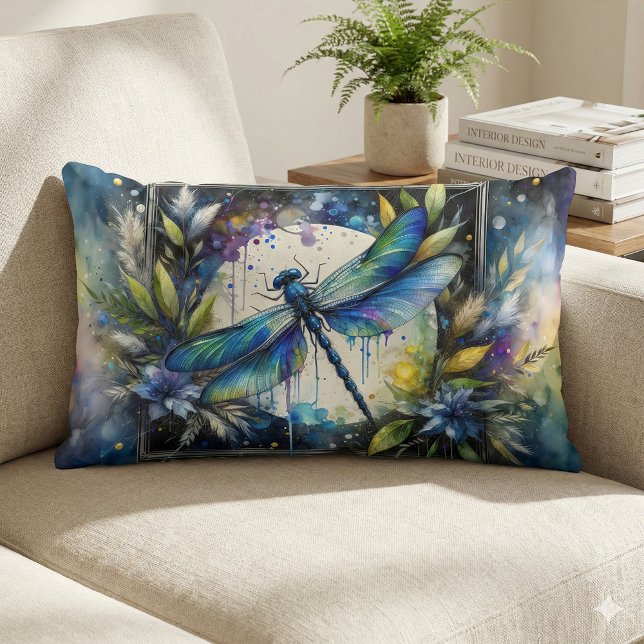 Blue Dragonfly Watercolor Botanical Lendenkissen (Blue Dragonfly Watercolor Botanical Lumbar Pillow Mockup A)