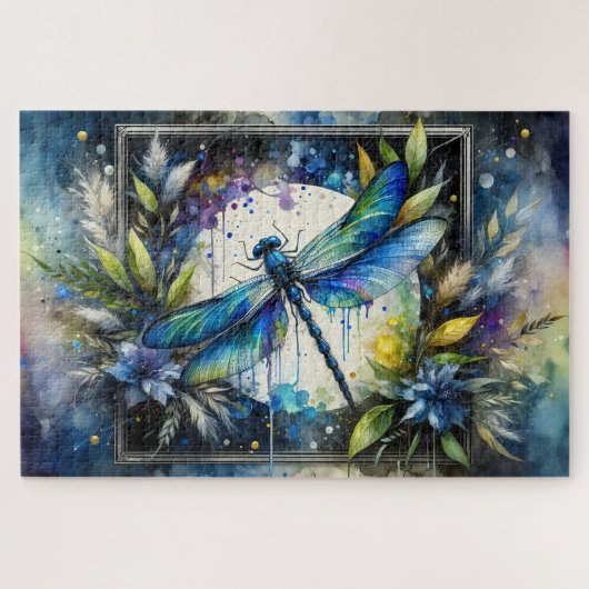Blue Dragonfly Watercolor Botanical Puzzle (Horizontal)