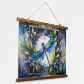 Blue Dragonfly Watercolor Botanical Wandteppich Mit Holzrahmen (Gewinkelt)
