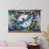 Blue Dragonfly Watercolor Botanical Wandteppich Mit Holzrahmen (Schlafzimmer)
