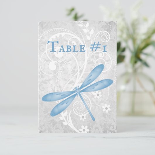 Blue Dragonfly Wedding Table Card Einladung (Stehend Vorderseite)