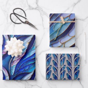 Blue Dragonfly Wings Wrapping Paper Flat Set 3 Geschenkpapier Set