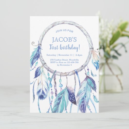 Blue Dream Catcher Geburtstag Einladung (Stehend Vorderseite)
