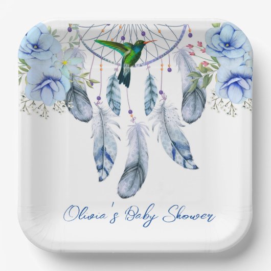 Blue Dreamcatcher Hummingbird Boy Baby Dusche Pappteller (Vorderseite)