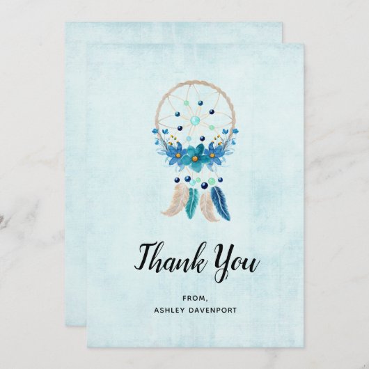 Blue Dreamcatcher mit Blume & Feathers Dankeskarte (Vorne/Hinten)