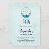 Blue Dreamcatcher mit Blume & Feathers Geburtstag Einladung (Vorne/Hinten)