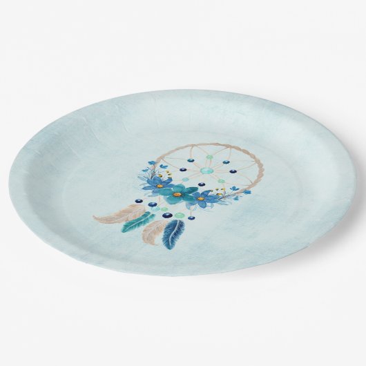Blue Dreamcatcher Stylish Boho Design Pappteller (Schrägansicht)