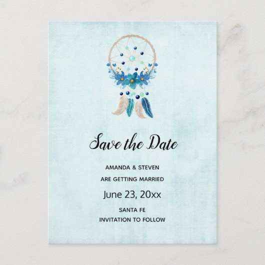 Blue Dreamcatcher Stylish Boho Save the Date Einladungspostkarte (Vorderseite)