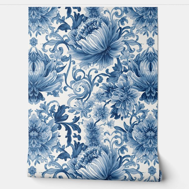 Blue Dreams | Floral Watercolor Chinoiserie Tapete (Abrollen)
