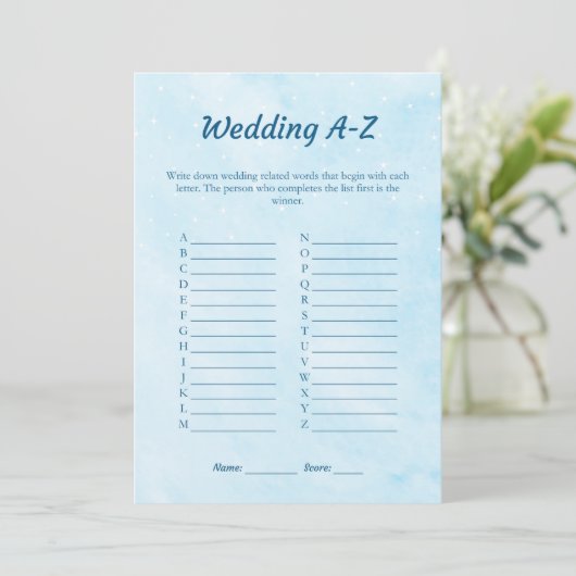 Blue Dreamy Wedding A-Z Brautparty Game Card Einladung (Stehend Vorderseite)