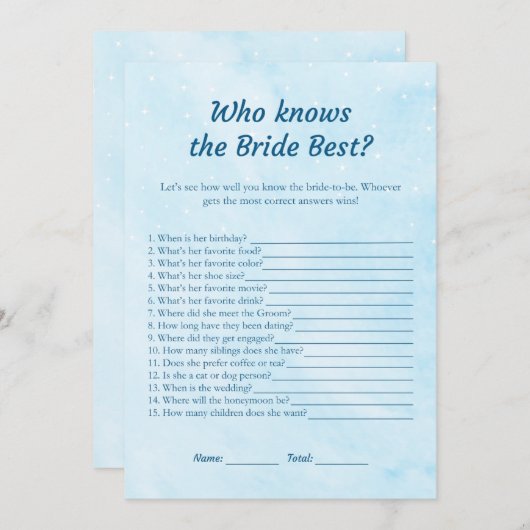 Blue Dreamy Wer kennt die Bride Best Game Cards? Einladung (Vorne/Hinten)