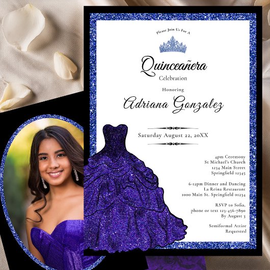 Blue Dress and Tiara Custom Photo Quinceanera Einladung