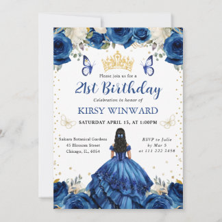 Blue Dress Black Hair Princess Birthday Einladung