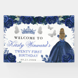 Blue Dress Blonde Haired Princess Floral Birthday Banner