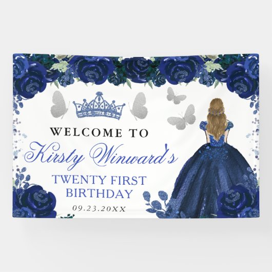 Blue Dress Blonde Haired Princess Floral Birthday Banner (Horizontal)