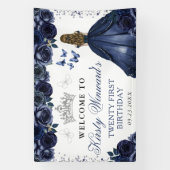 Blue Dress Blonde Princess Floral Birthday Banner (Vertikal)