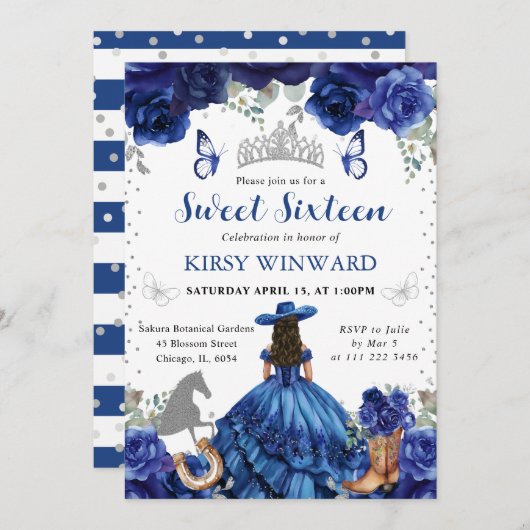 Blue Dress Brünett Salon Princess Sweet 16 Einladung (Vorne/Hinten)