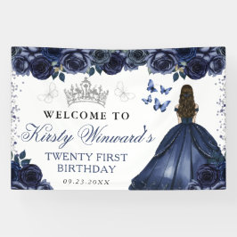 Blue Dress Brunette Princess Floral Birthday Banner