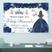 Blue Dress Brunette Princess Floral Birthday Banner (Messe)