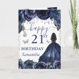 Blue Dress Dark Skin Princess Birthday Karte