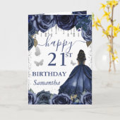 Blue Dress Dark Skin Princess Birthday Karte (Gelbe Blume)
