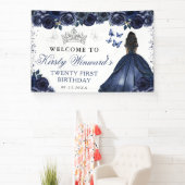 Blue Dress Dark Skin Princess Floral Birthday Banner (InSitu)
