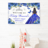 Blue Dress Dark Skin Princess Floral Birthday Banner (InSitu)